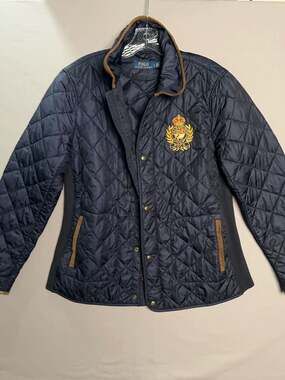 Polo Ralph Lauren Navy Quilted Jacket Corduroy Trim Crest Patch EST 1967 Size L